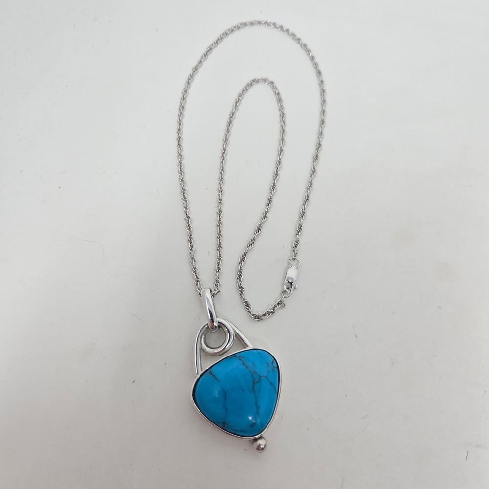 PJH Sterling Silver Turquoise Triangle Pendant Rope Chain Necklace 925 PJH 20in